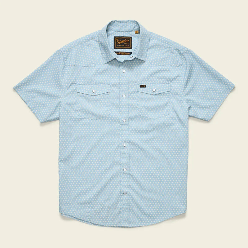 Men's short-sleeve snap-button shirt in light blue floral print, flat front view with dual chest pockets