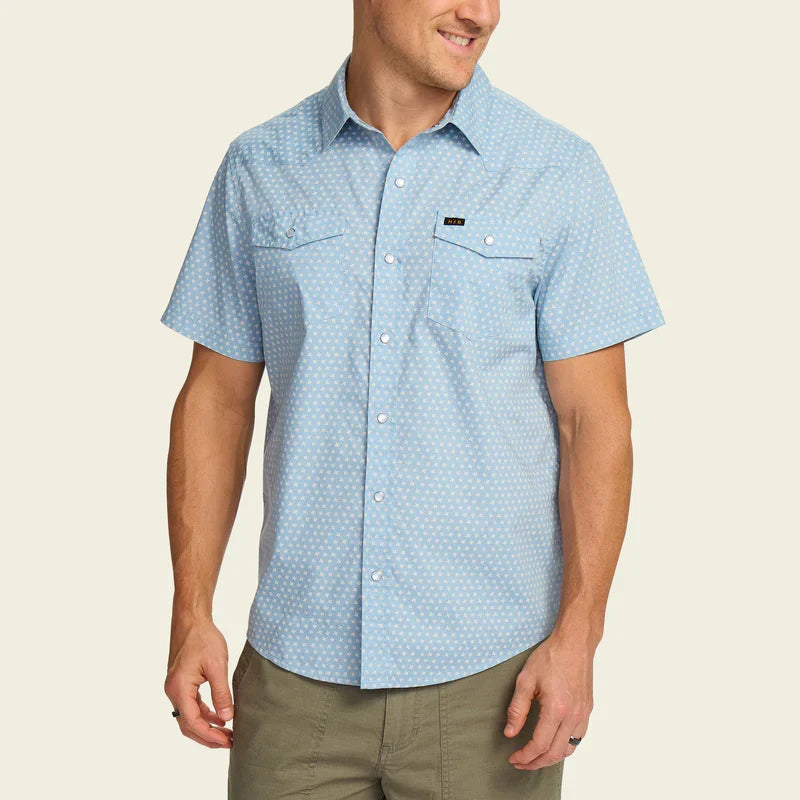 Men's short-sleeve snap-button shirt in light blue floral print, dual chest pockets, front view