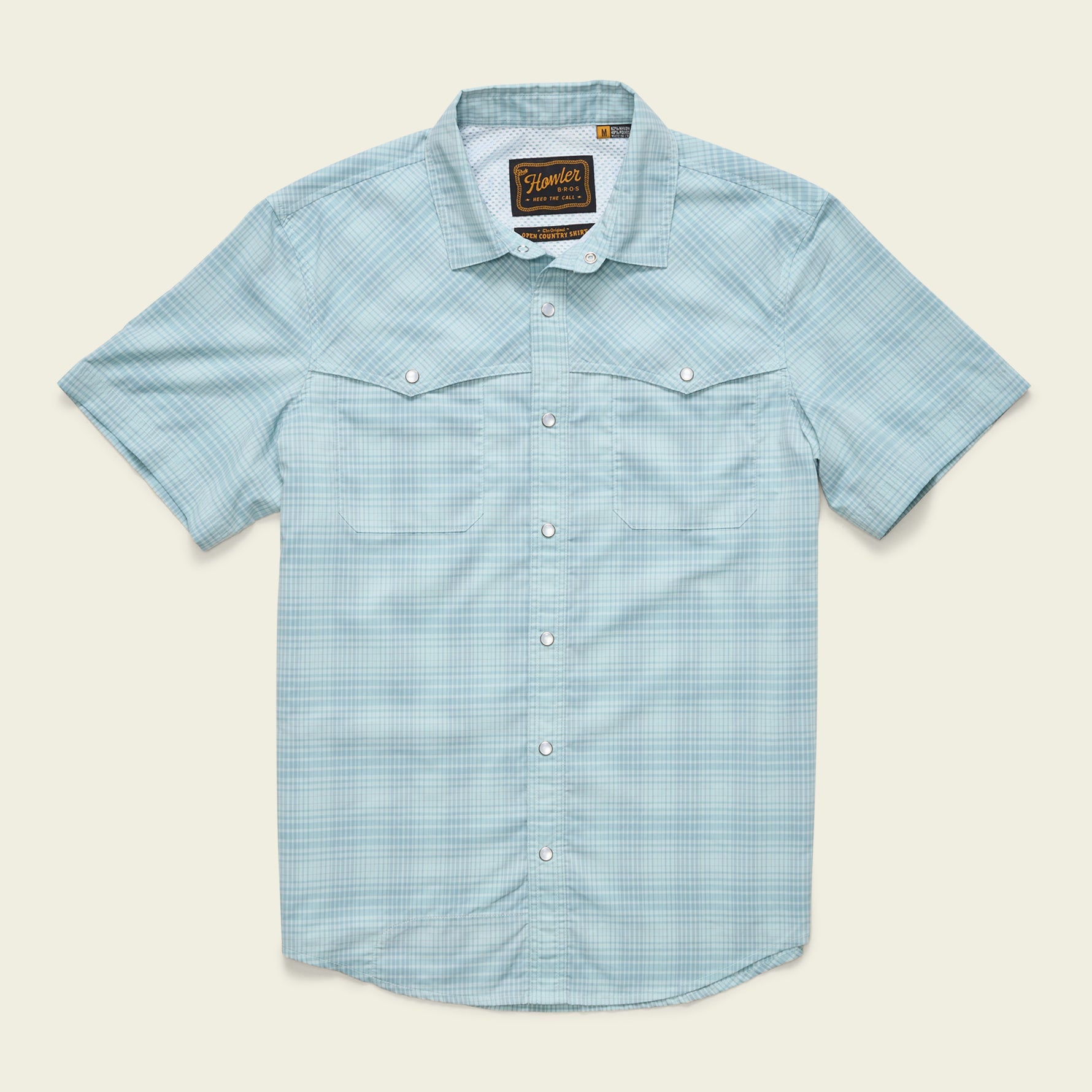 Light blue checkered short sleeve button-up shirt with chest pockets, flat front view