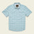 Light blue checkered short sleeve button-up shirt with chest pockets, flat front view