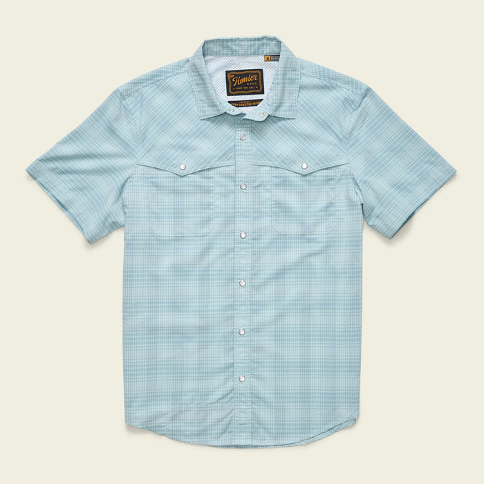 Light blue checkered short sleeve button-up shirt with chest pockets, flat front view