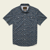 Short sleeve button-up shirt with small floral print on dark blue background, flat front view