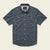 Short sleeve button-up shirt with small floral print on dark blue background, flat front view