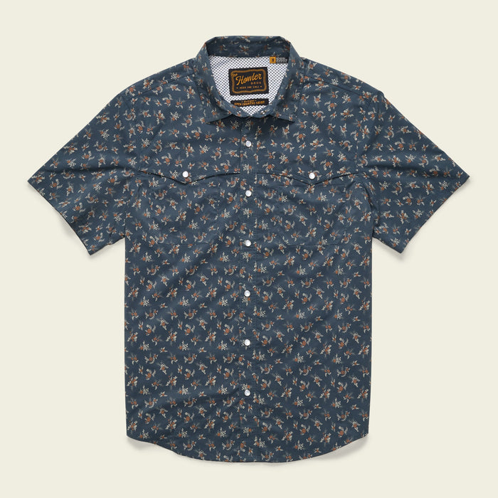 Short sleeve button-up shirt with small floral print on dark blue background, flat front view