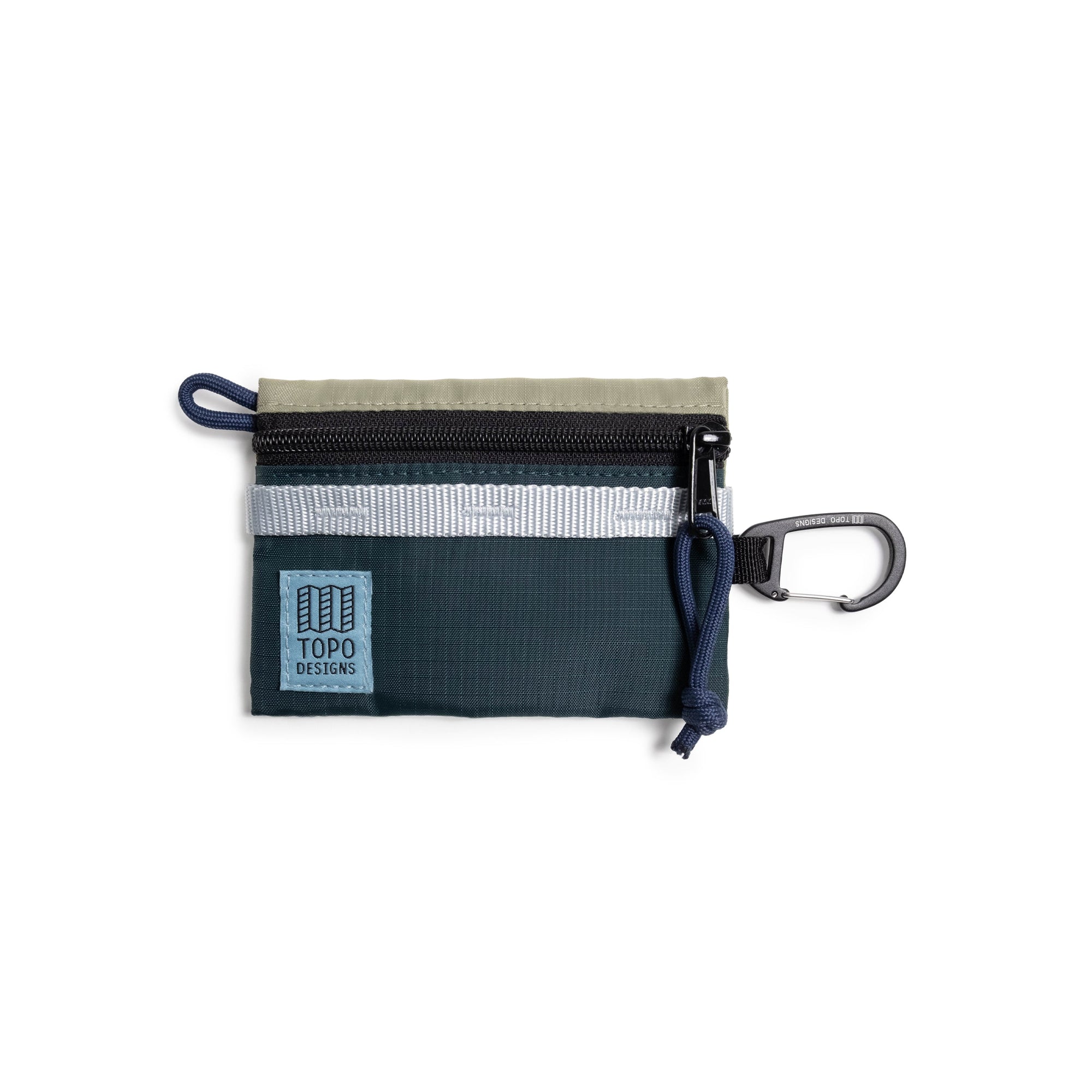 Small zippered accessory pouch with carabiner clip and multiple color panels