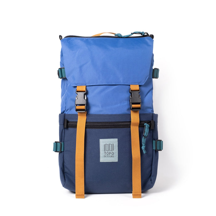 Blue and navy hiking backpack with orange buckle straps and front zippered pocket