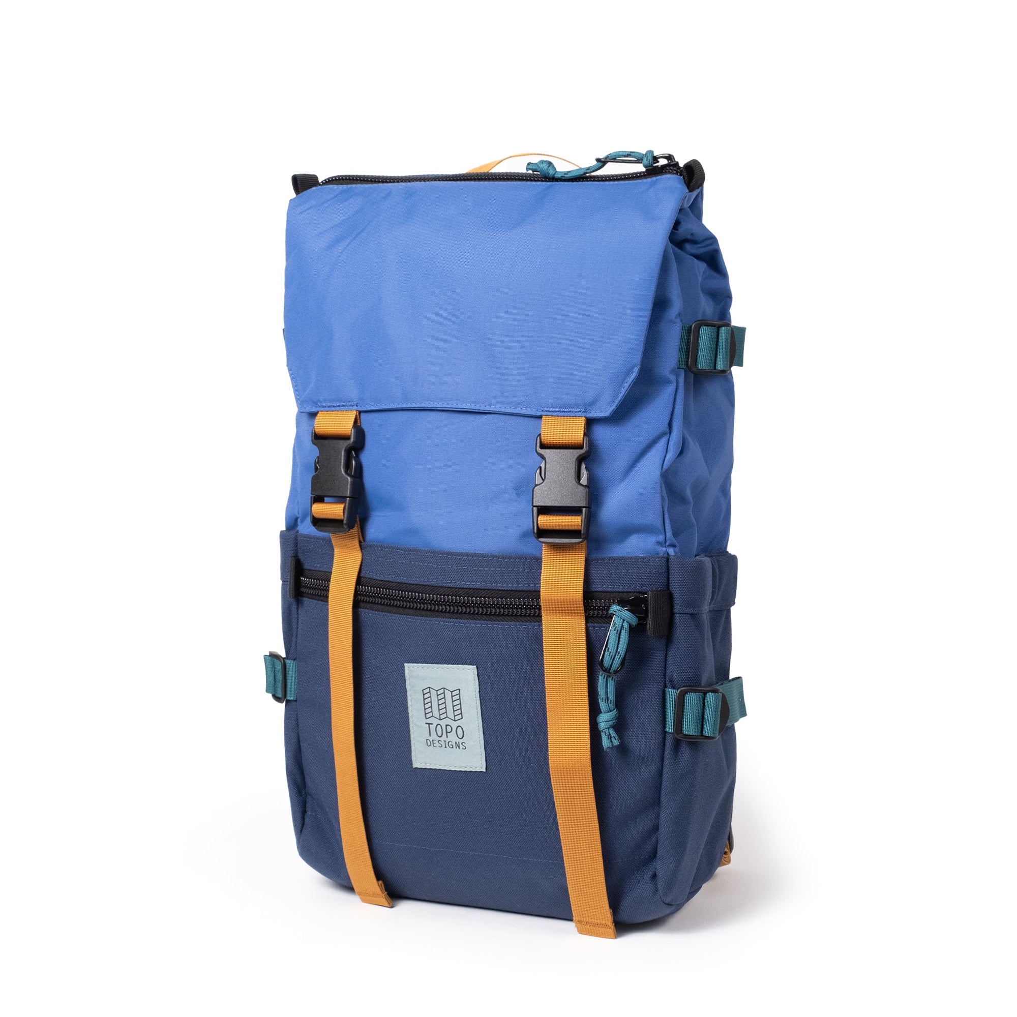 Blue hiking backpack with orange straps and front flap closure on white background