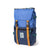 Blue hiking backpack with orange straps and front flap closure on white background