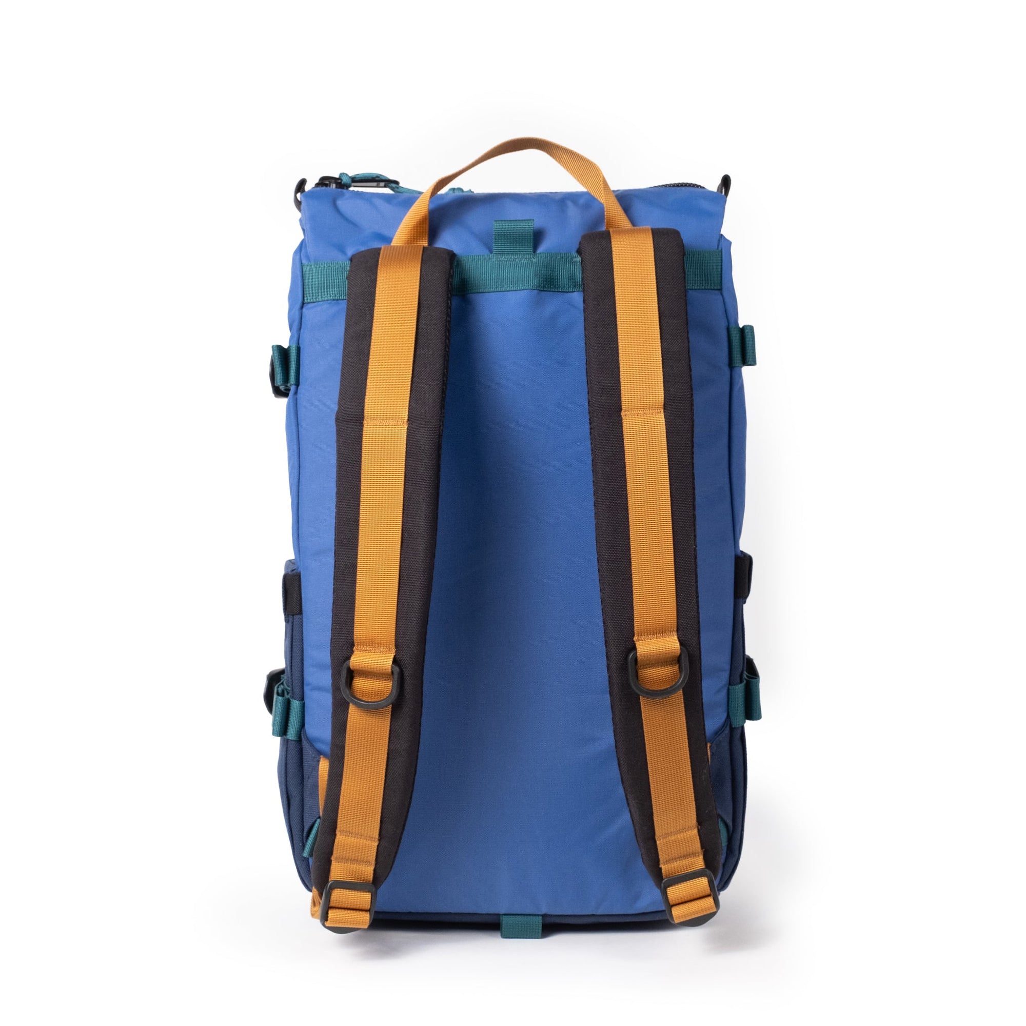 Blue backpack with orange shoulder straps and teal accents, rear view showing strap system