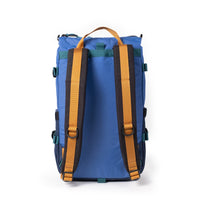 Blue backpack with orange shoulder straps and teal accents, rear view showing strap system