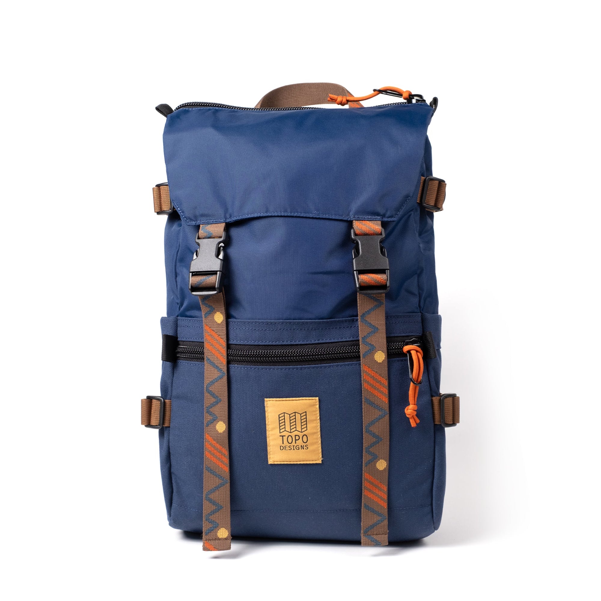 Navy blue hiking backpack with front flap, brown straps, and orange zipper pulls on white background