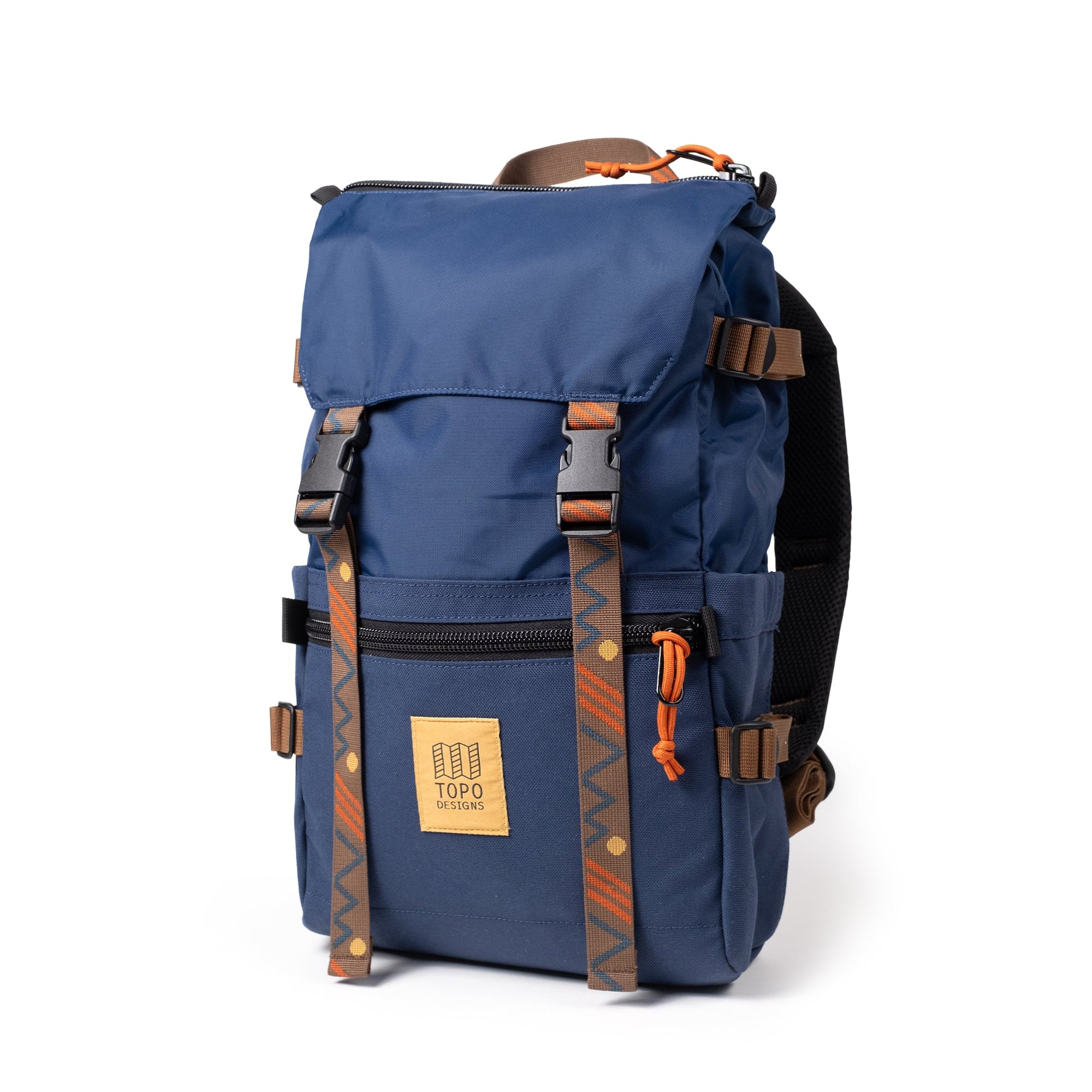 Navy blue hiking backpack with brown leather straps and orange zipper pulls on white background