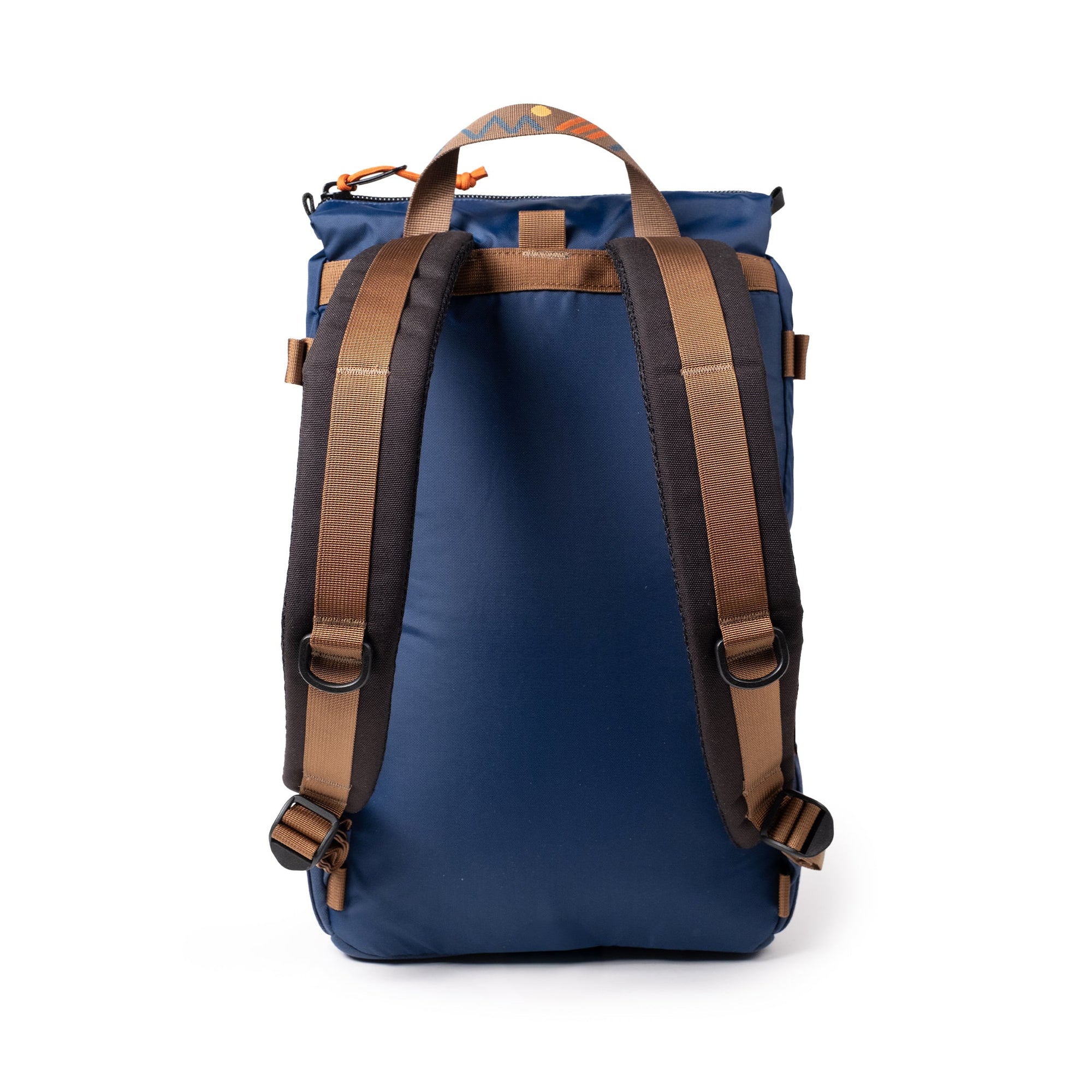 Navy blue backpack with brown straps shown from back, displaying shoulder straps and buckle details