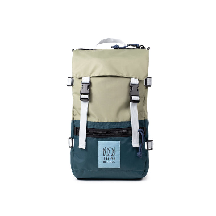 Olive green and dark teal backpack with white straps and buckles, front view