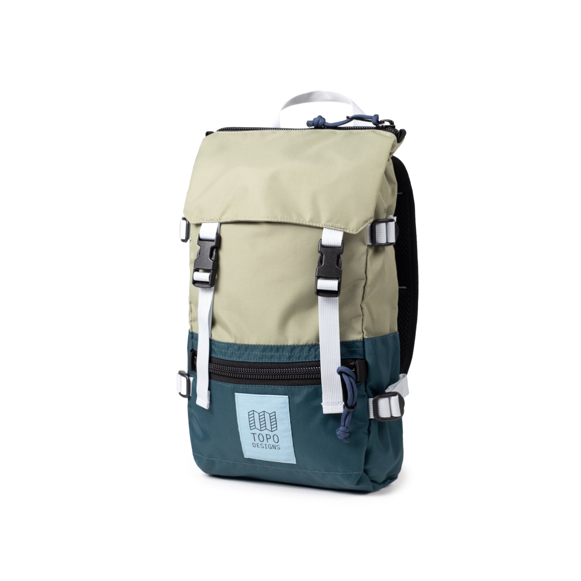 Two-tone hiking backpack with olive green top, teal bottom, white straps and buckles