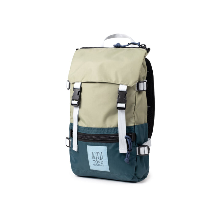 Two-tone hiking backpack with olive green top, teal bottom, white straps and buckles