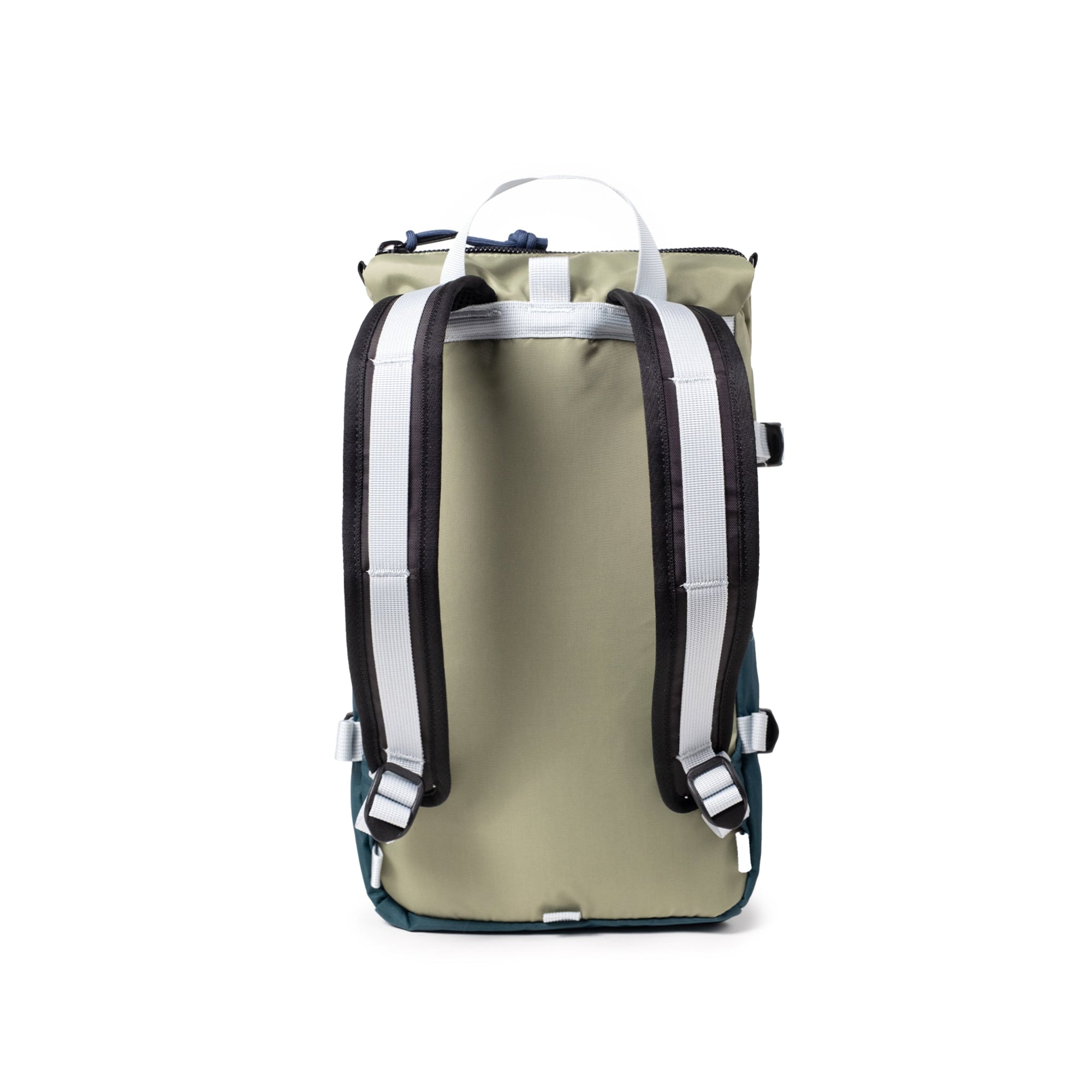 Roll-top backpack with sage green body and dark bottom panel, back view showing shoulder straps