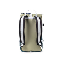 Roll-top backpack with sage green body and dark bottom panel, back view showing shoulder straps