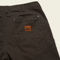 Olive-brown work shorts with cargo pockets and utility belt loops, back detail view
