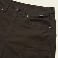 Dark olive shorts detail showing waistband, front pocket, and stitching construction
