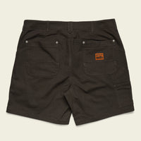 Dark olive green shorts with multiple pockets and belt loops, back view flat lay