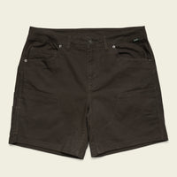 Dark brown cargo shorts with multiple pockets laid flat against neutral background