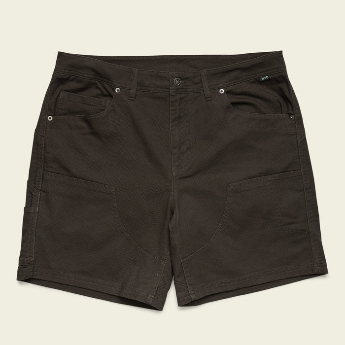 Dark brown cargo shorts with multiple pockets laid flat against neutral background