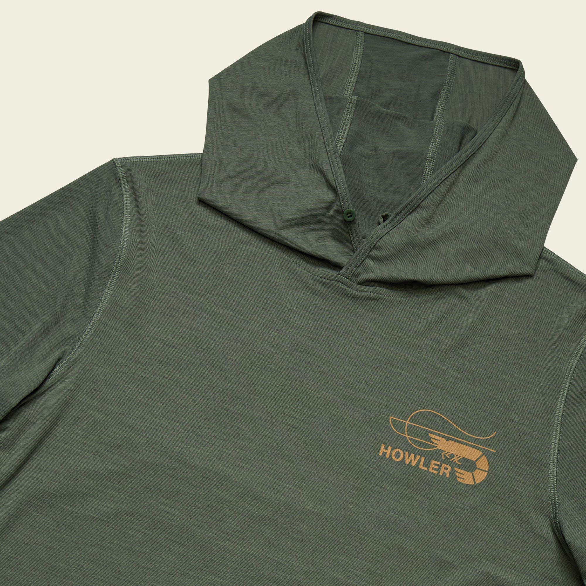 Olive green technical hoodie with quarter zip and hood, angled view showing logo