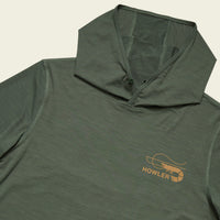 Olive green technical hoodie with quarter zip and hood, angled view showing logo