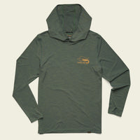 Olive green long-sleeve hooded pullover with small logo on chest, flat front view
