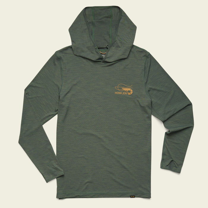 Olive green long-sleeve hooded pullover with small logo on chest, flat front view