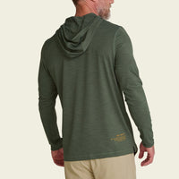 Olive green long-sleeve hooded shirt shown from back view on male model