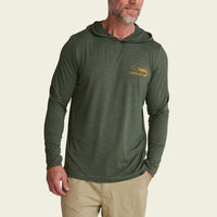Men's olive green long-sleeve hooded shirt with front logo, modeled on beige background