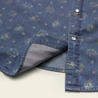 Close-up detail of floral print snap shirt hem and placket with silver snaps, showing lining