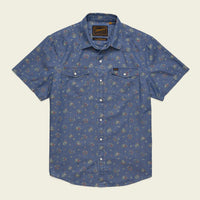 Men's short-sleeve western snap shirt in washed indigo with allover floral print, flat front view