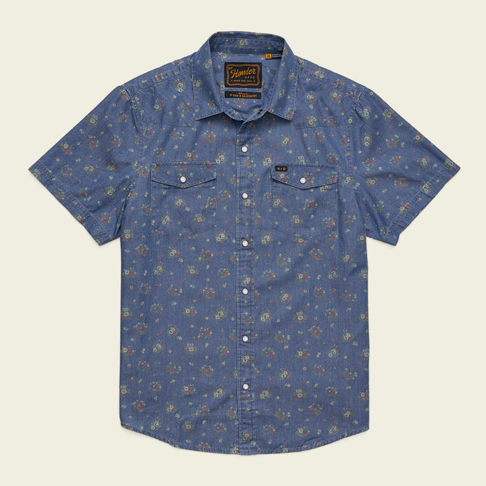 Men's short-sleeve western snap shirt in washed indigo with allover floral print, flat front view
