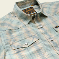 Men's plaid western snap shirt with pearl snaps, chest pocket, and spread collar, detail view
