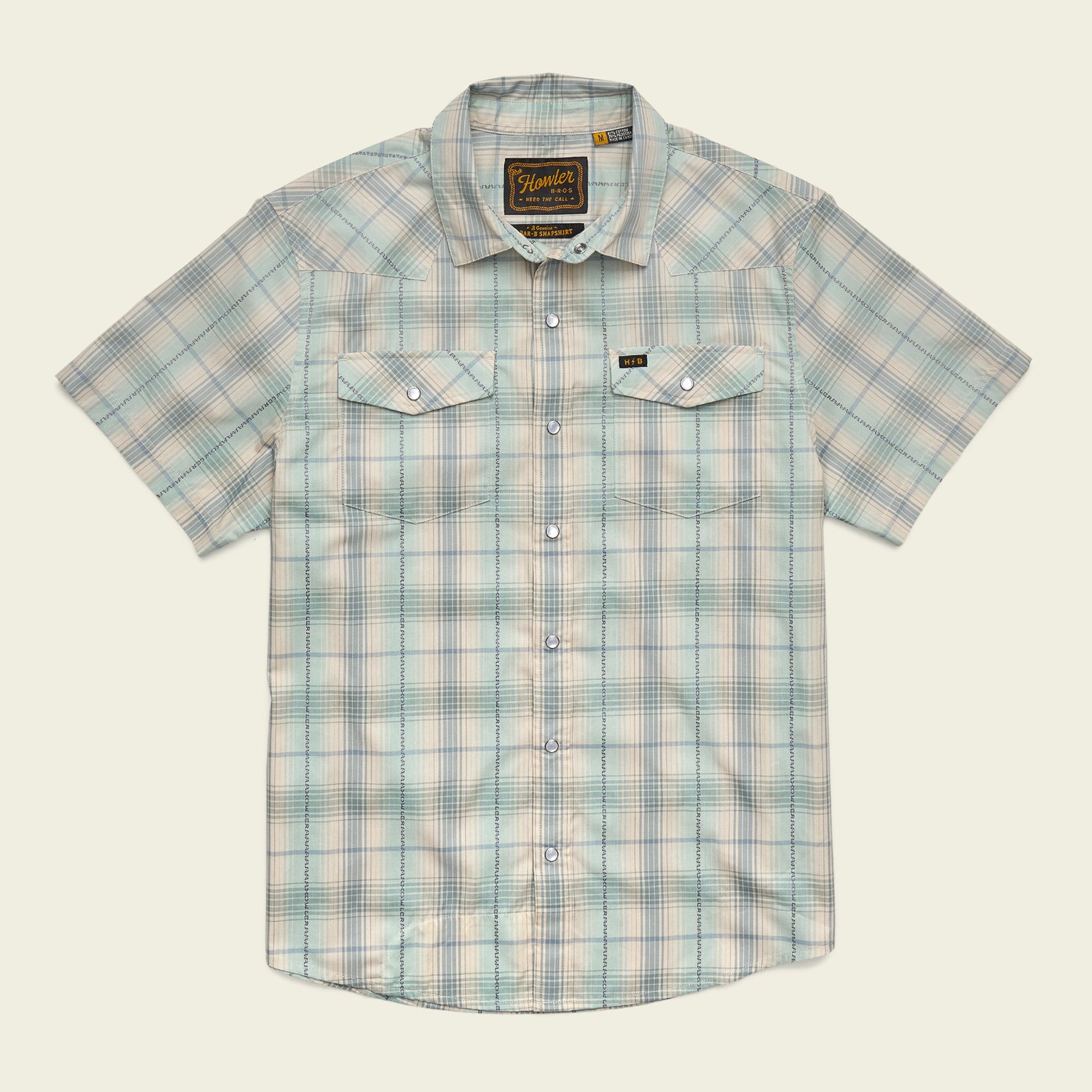 Men's short-sleeve plaid snap-button western shirt with dual chest pockets, flat lay view