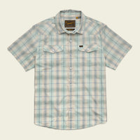 Men's short-sleeve plaid snap-button western shirt with dual chest pockets, flat lay view