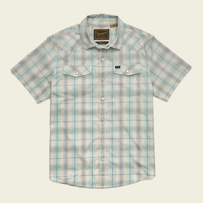 Men's short-sleeve plaid snap-button western shirt with dual chest pockets, flat lay view