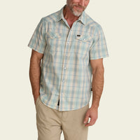 Men's short-sleeve plaid snap-button western shirt with chest pockets, front view on model
