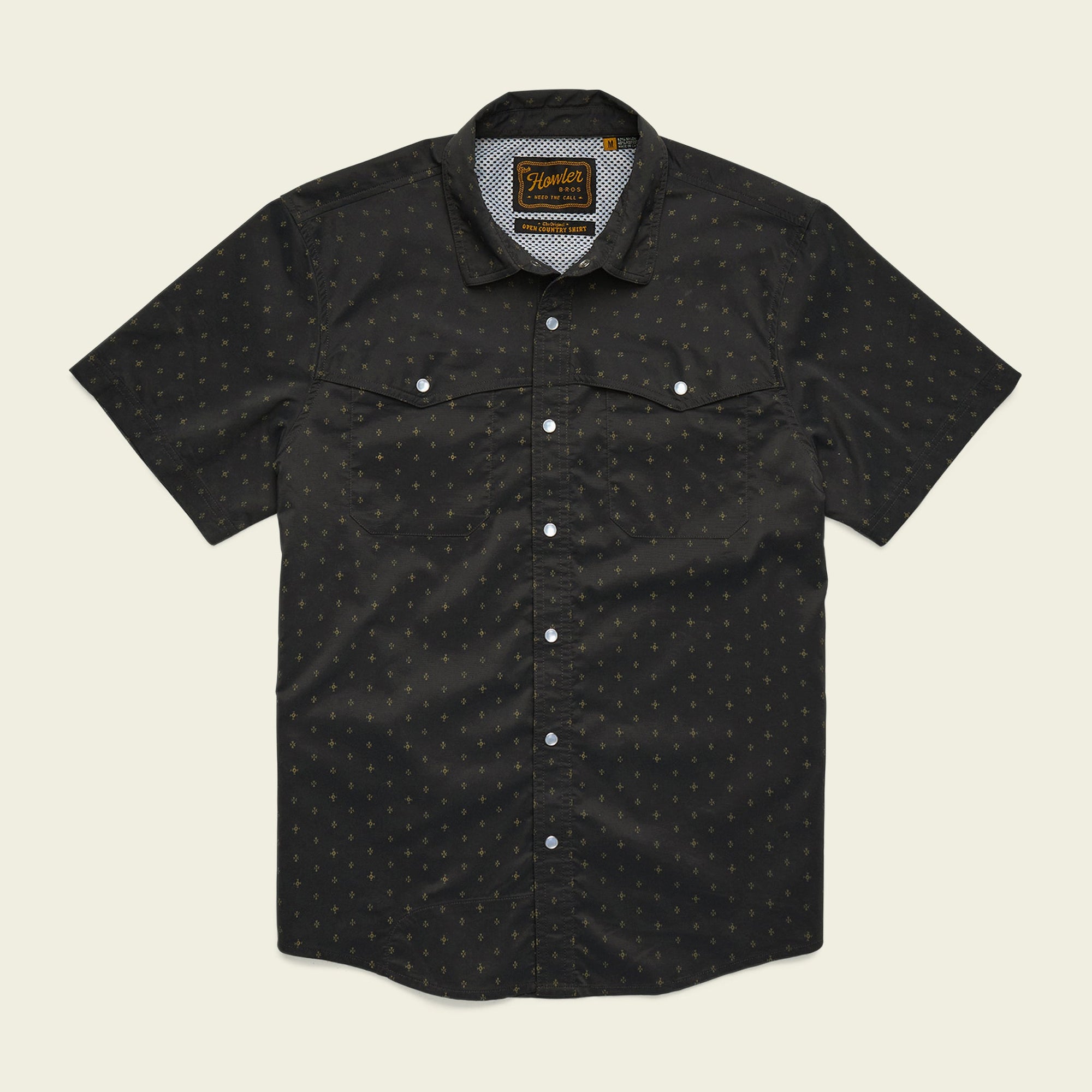 Black short-sleeve button-up shirt with small star pattern and chest pockets