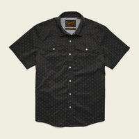 Black short-sleeve button-up shirt with small star pattern and chest pockets