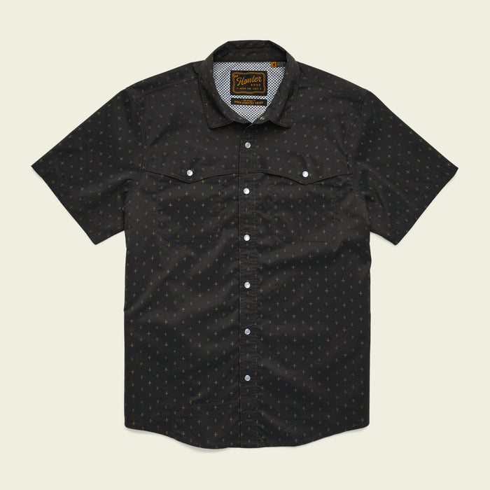 Black short-sleeve button-up shirt with small star pattern and chest pockets