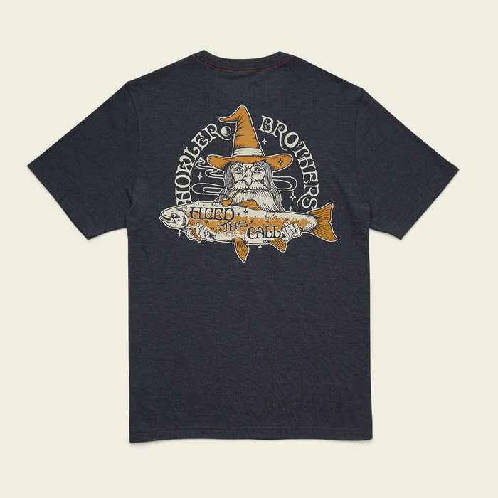 Dark heather t-shirt with wizard and fish graphic design on back, flat lay view