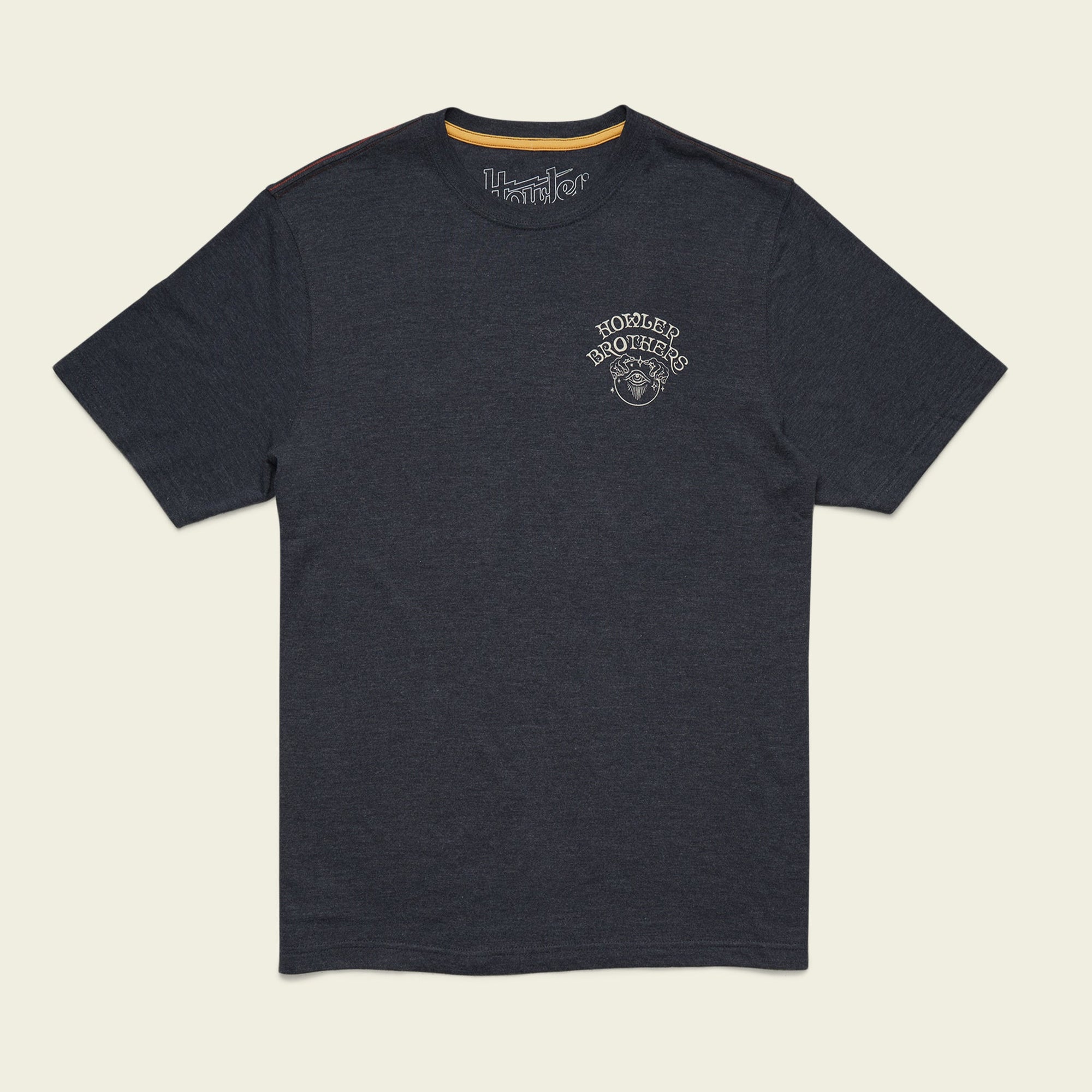 Dark heather t-shirt with small chest logo, laid flat on neutral background