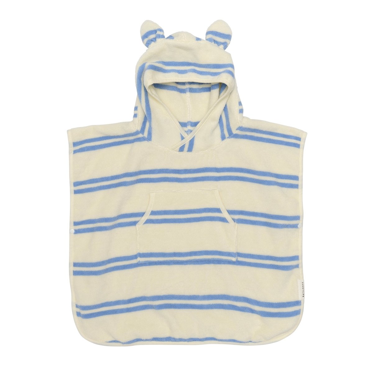 Children's hooded towel poncho with blue and white stripes and small ear details