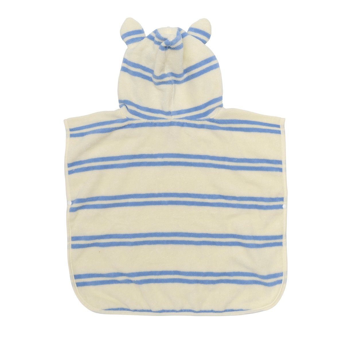Hooded children's towel poncho with blue stripes and animal ears on hood
