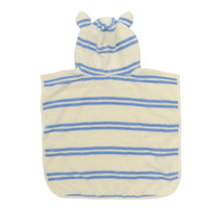 Hooded children's towel poncho with blue stripes and animal ears on hood