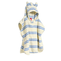 Hooded children's towel with blue stripes and animal ears on hood, front view